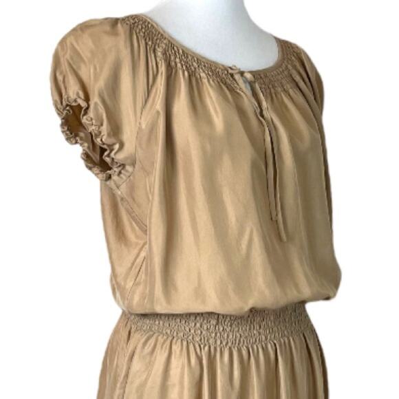 Talbots Dress Smocked Blouson Waist Tan 100% Silk Short Sleeve Women’s Medium M - Picture 6 of 12